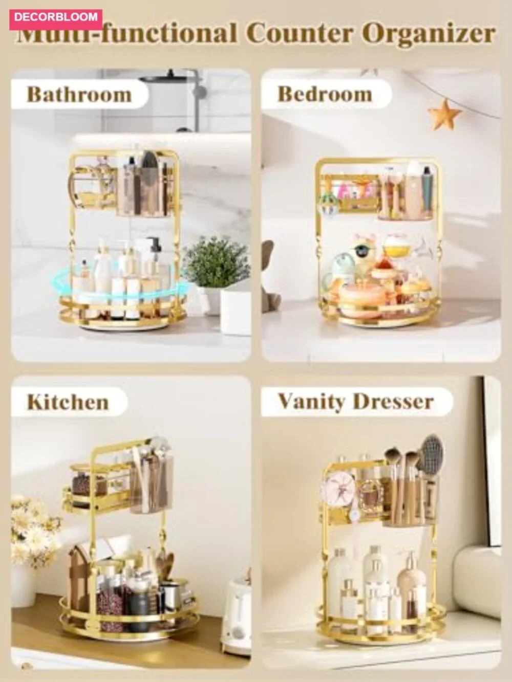2-Tier Gold Rotating Makeup Organizer with Brush Holder & Jewelry Hooks